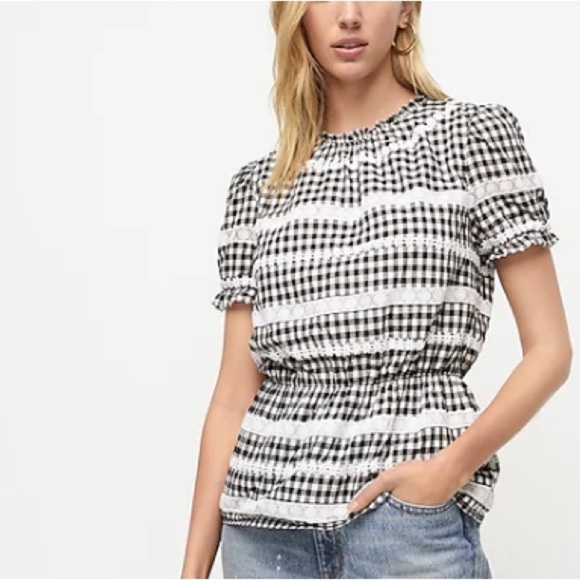 J. Crew Short Sleeve Daisy Chain Peplum Blouse Black White Gingham #AJ433 - Picture 9 of 11